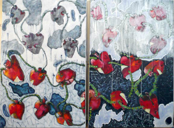 Hearts by Day and Night, diptych, each 6ftx4ft, acrylic on linen - 2011 - artwork by Cecelia Kane