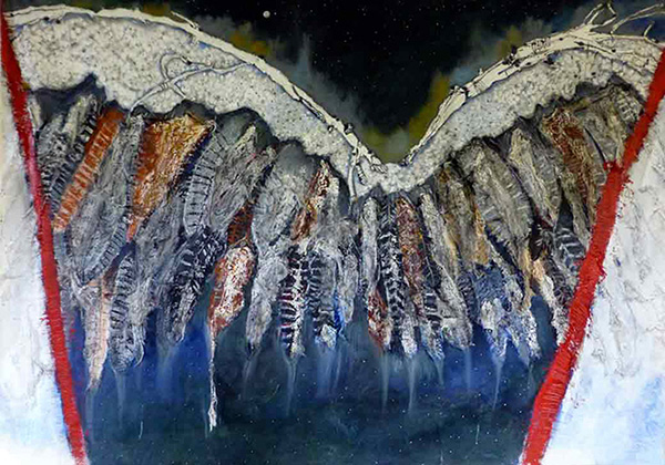 Transition Wings, 4ftx6ft, acrylic, ink, gauze, pastel and oilstick on canvas - 2013 - artwork by Cecelia Kane