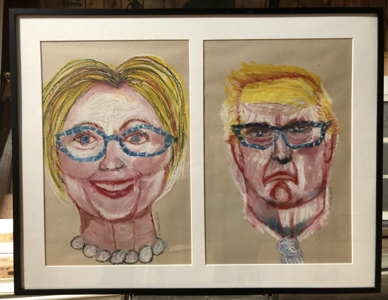 Portraits of Hillary and Trump as Cecelia, 13.5in x 19.5in, acrylic, oilstick on paper, 2017 - artwork by Cecelia Kane