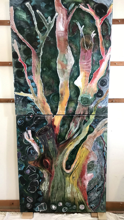 Thinking Like a Forest, acrylic on canvas, 36inx82in, 36in x 41in, each panel - 2019 - artwork by Cecelia Kane