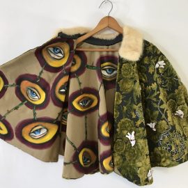 The Courage Cape - front, acrylic on silk, embroidery floss on brocade, mink, fired clay, waist length, 2007 - artwork by Cecelia Kane