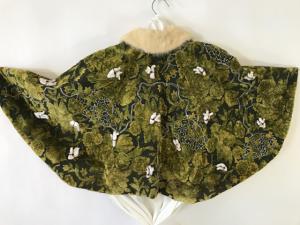 The Courage Cape, Hearts and Minds - Outside , Back - embroidery floss on brocade, mink, fired clay, waist length - 2007