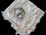 68.Happy-Hankie_10x10_laser-print,-thread,-batting_glass-beads_acrylic_embroidery-floss-on-vintage-cotton-handkerchief_11.4.2014
